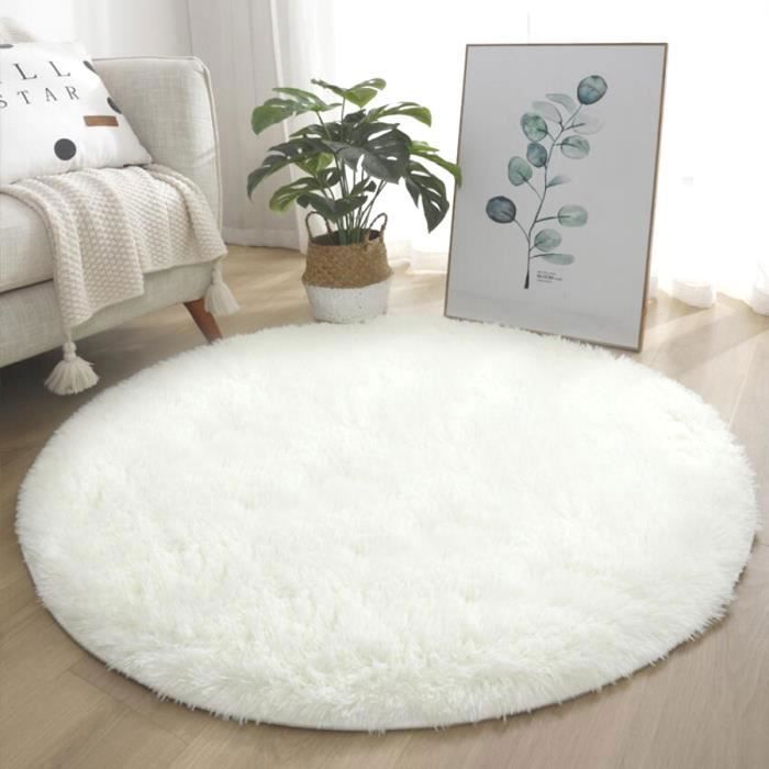 Tapis de Salon Shaggy - Diamètre 120 cm - Blanc Rond - Moelleux Doux Moderne Antidérapant - Chambre Tapis de Sol