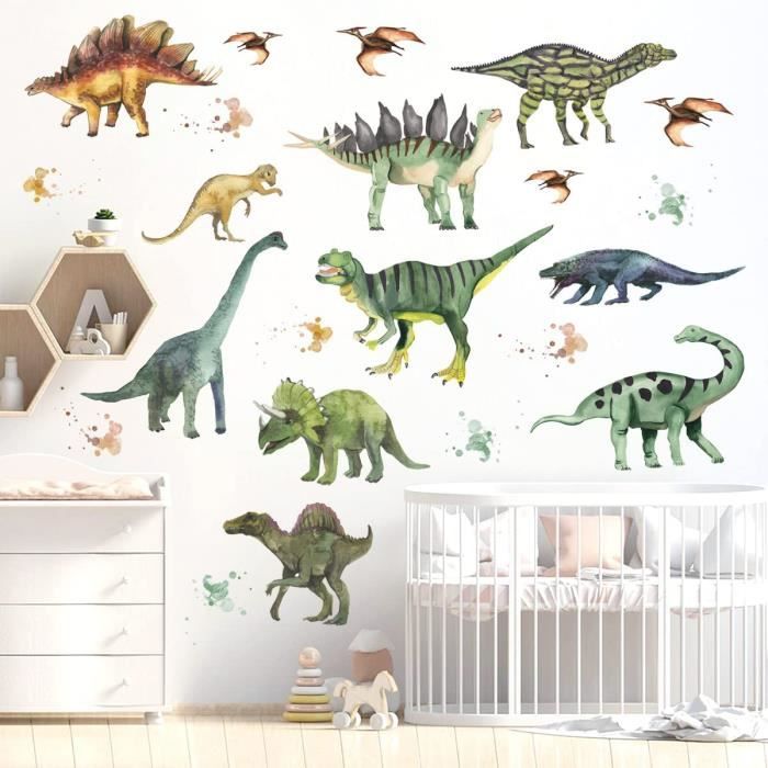 WandSticker4U®- aquarelle stickers muraux enfants DINOSAURES vert (90x70  cm) I autocollants décoratifs animaux I sticker mural [622] - Cdiscount  Maison