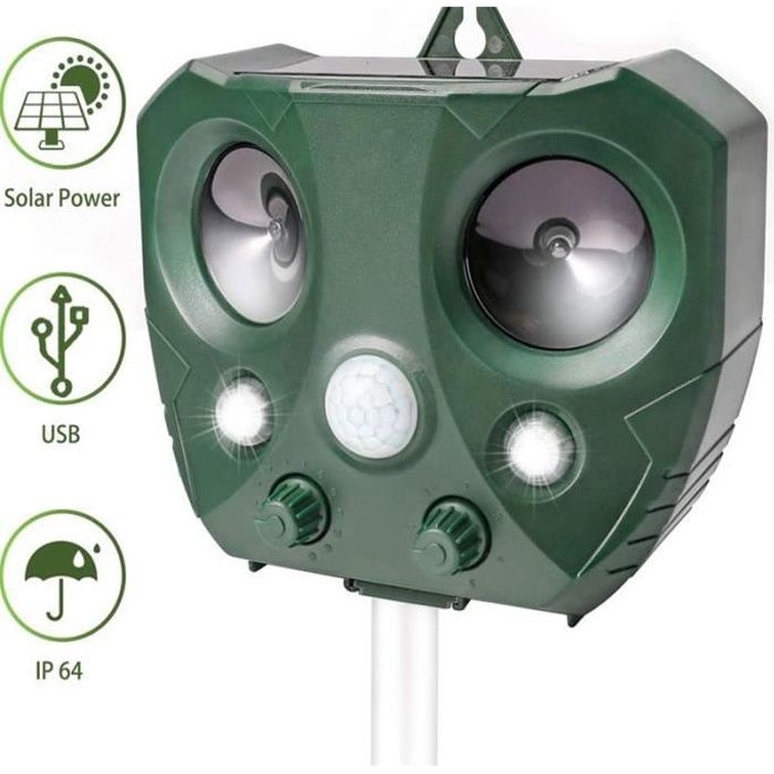 Répulsif Ultrason Solaire Répulsif Ultrasonique avec Capteur PIR Lampe Flash à activé par Le Mouvement Animal Repeller pour Chat
