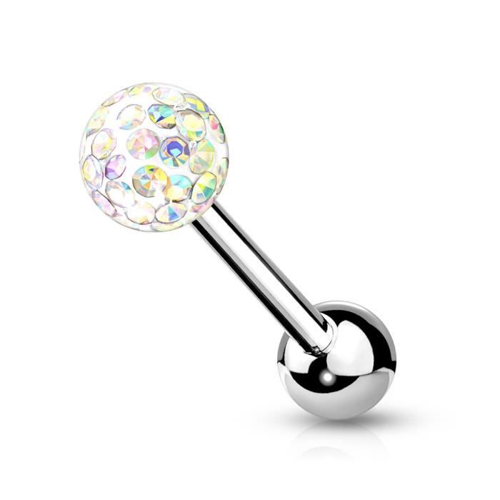 Piercing Pour Langue Barbell Avec Boules Zébrées Multicolores - Acier Chirurgical 1.6x16mm