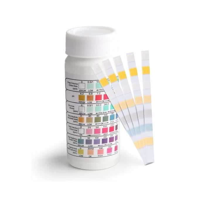 7 en 1 Bandelettes Test Aquarium, 100 Pièces Kit de Test d'eau pour Aquarium pour Tester l'acide Cyanurique la Dureté Le Brome