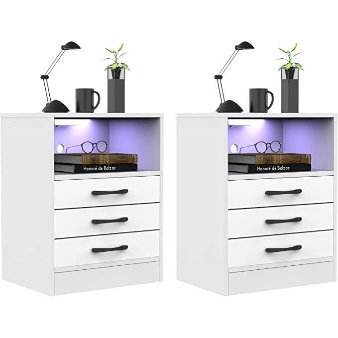 Table De Chevet VASAGLE Moderne Blanc - 3 Tiroirs, Bande LED, 55x40x55 Cm