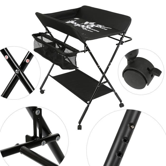 Table à Langer Pliante Noir MQUWENHU avec Panier de Rangement et 2 Etagères - Charge Max 30 KG