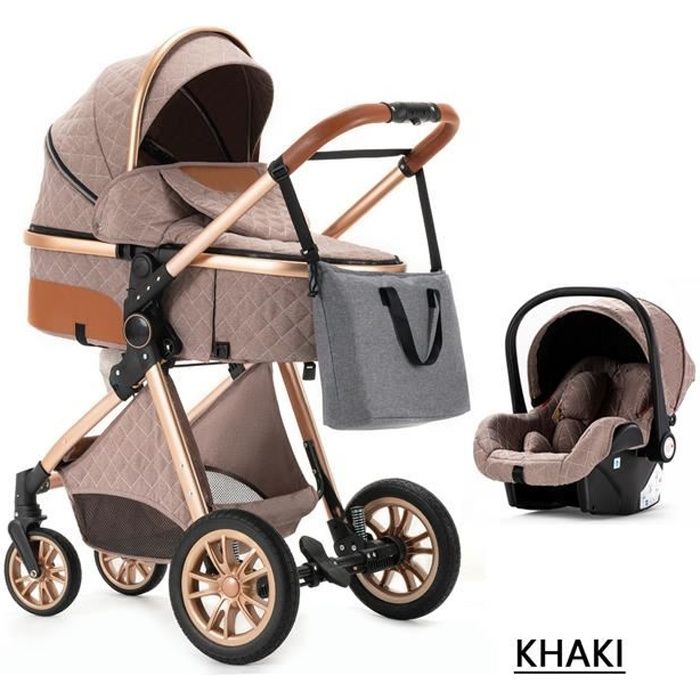 BAZARLAND30 Poussette 3 en 1 Bébé Combinée Siège-Auto Nacelle Trio Réversible Réglable Haute Qualité Roues increvables Canne khaki