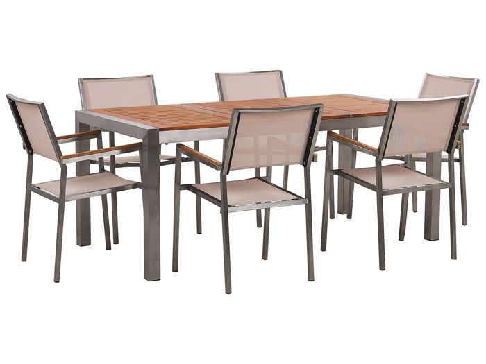 table de jardin en bois eucalyptus 180 cm et 6 chaises beiges grosseto - beliani - contemporain - extérieur