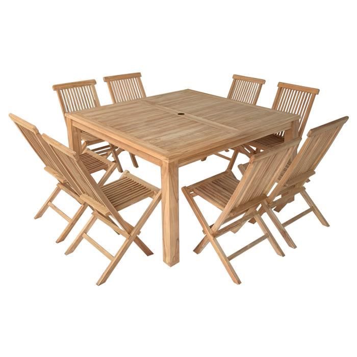 Salon de jardin en teck JAVA - table carrée et chaises pliantes - 8 places Marron