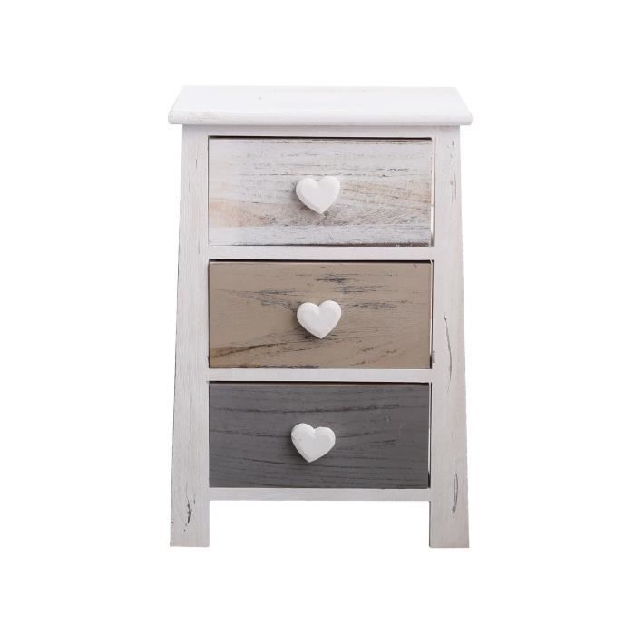 mobili rebecca table de chevet 3 tiroirs bois blanc gris beige coeur 57x37x27