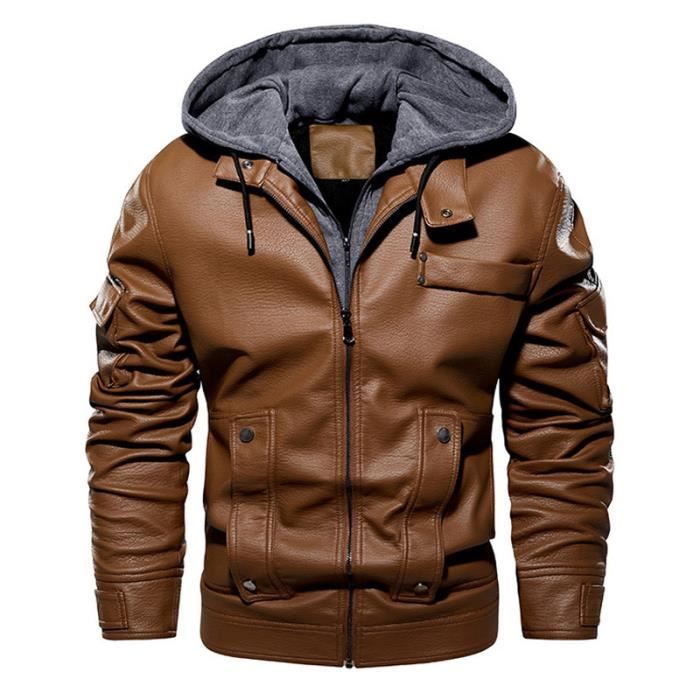 Blouson Homme En Cuir a Capuche Fashion Hiver Chaud epaissie Regular Fit Zippee Veste en Cuir Moto Marque Luxe Veste Hommes Marron Marron Cdiscount Pret a Porter