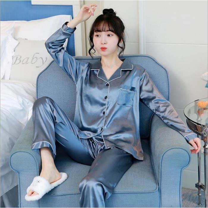 Bleu gris Ensemble deux pièces de pyjama en satin de soie pour