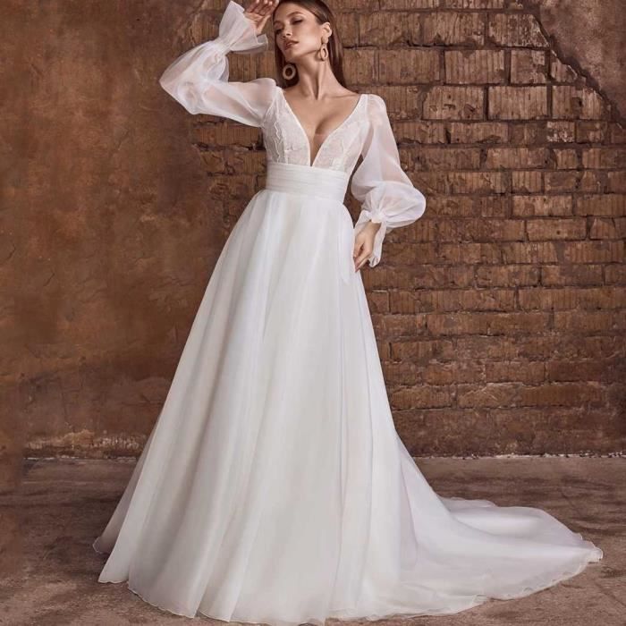 Robes de mariee en organza a manches longues et col en V profond pour femmes dentelle elegante dos ouvert Boho A blanc Blanc Cdiscount Pret a Porter