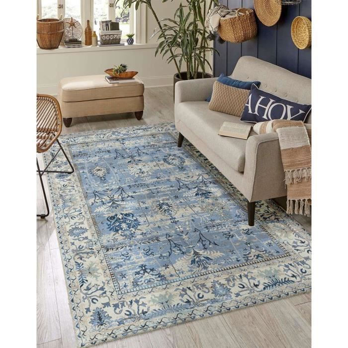 Bleu Traditionnel Oriental vieilli Tapis Unique délavé vintage salle de séjour tapis