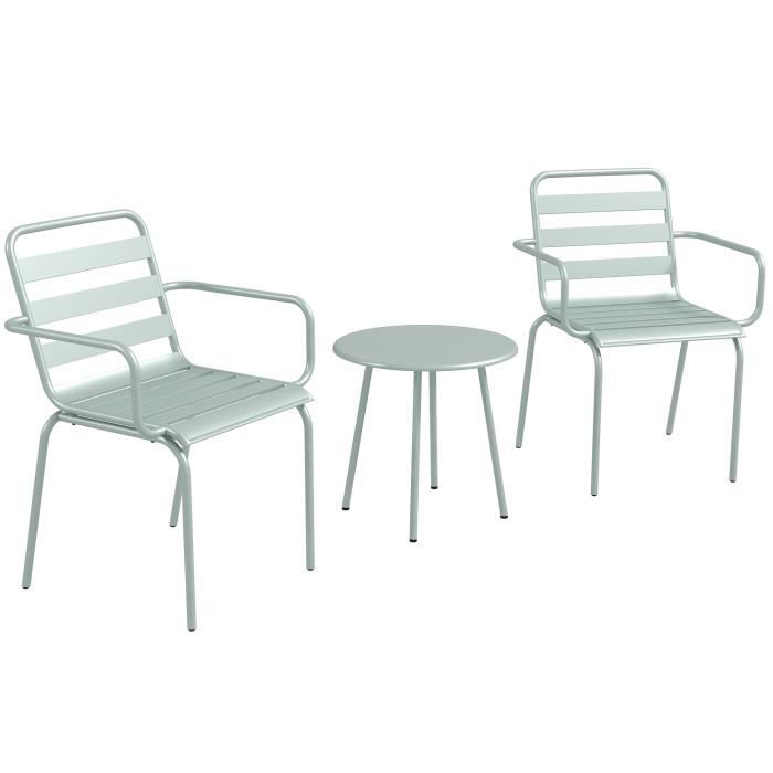Salon de jardin bistro - table basse ronde Ø 60 cm 2 chaises empilables - acier thermolaqué vert de gris