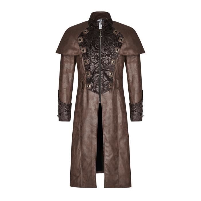 Manteau steampunk marron faux cuir homme avec rivets et motifs