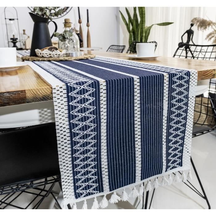Chemin De Table Moderne 33 X 183 Cm - Motif Bleu Et Orange - Polyester Lavable - Décoration Fête, Mariage, Quotidien