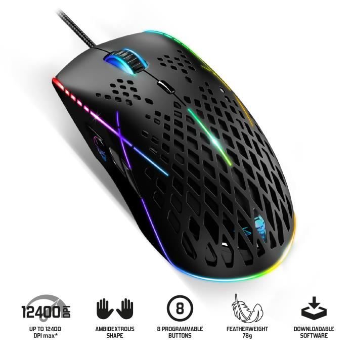 SPIRIT OF GAMER - Souris Optique Gaming XPERT-M100 – Ambidextre - Rétro Eclairage LED RGB Personnalisable – 12400 DPI - 8 Boutons