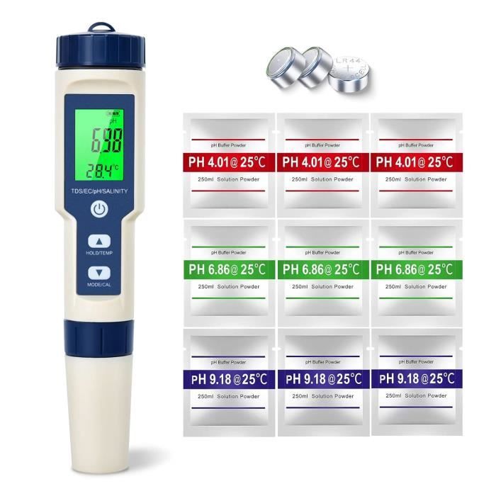 Testeur PH Piscine 5-en-1 Haute Précision – Mesure PH, TDS, EC, Salinité Et Température – Idéal Piscine, Aquarium, Hydroponie & Eau Potable