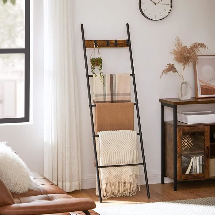 VASAGLE Étagère échelle inclinée 5 niveaux 44 x 160 cm cadre en acier 4 crochets style industriel Marron Rustique Noir VASAGLE Étagère échelle inclinée 5 niveaux 44 x 160 cm cadre en acier 4 crochets style industriel Marron Rustique Noir