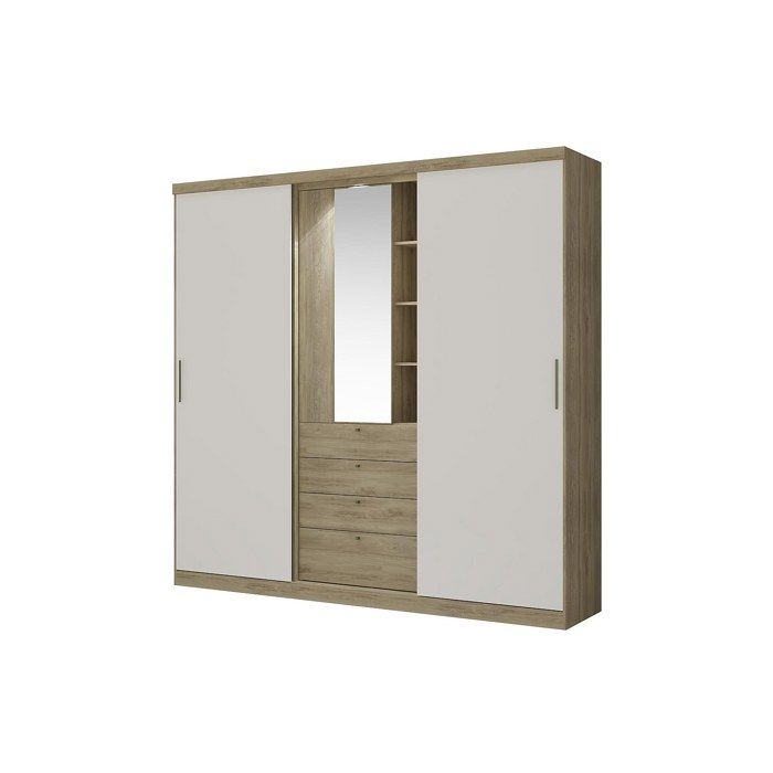 Armoire 2 portes coulissantes - Miroir et tiroirs - L240cm - Coloris : Naturel et ivoire - BODIL II