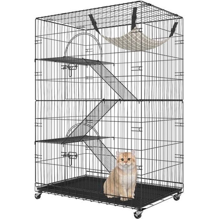 Comparer les prix de Cage Chat - Vevor - Cage Pour Chat 4 Niveaux En Métal Sur Roulettes Verrouillables 2 Portes