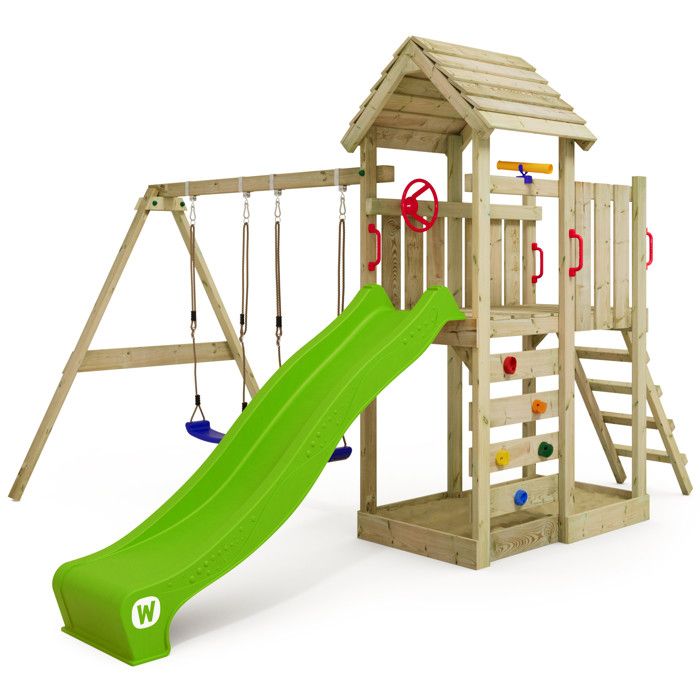 WICKEY Aire de jeux Portique bois MultiFlyer toit en bois avec balançoire et toboggan vert pomme Maison enfant extérieure