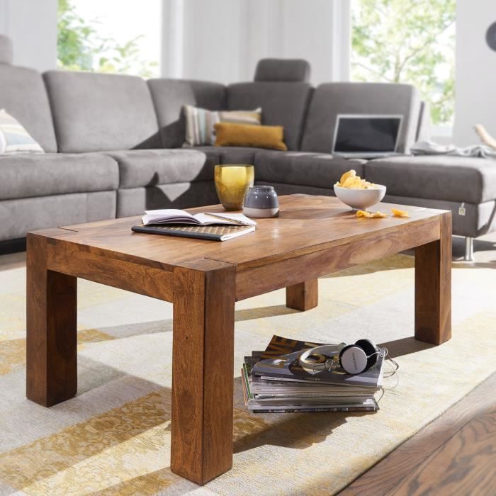 table basse en bois massif sheesham - wohnling - style campagnard - rectangulaire