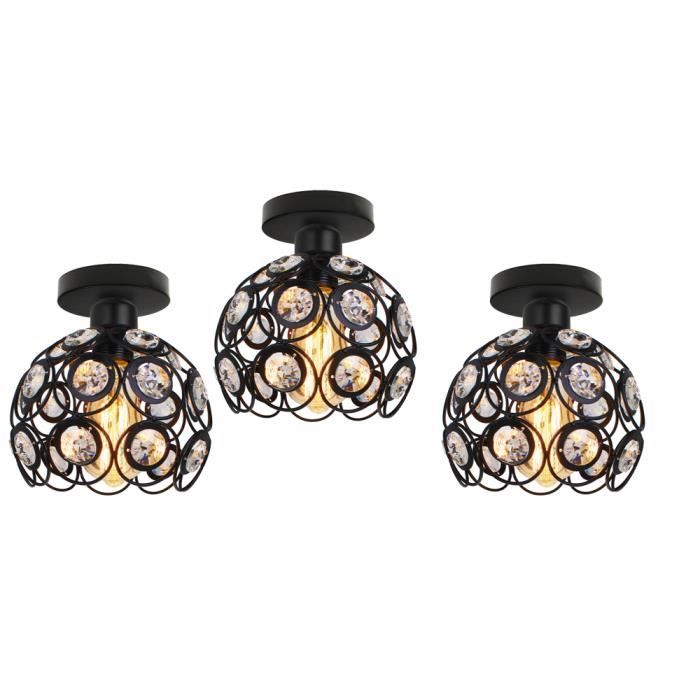 UNI 3PCS Plafonnier en Cristal Fer Cage E27 20cm Noir