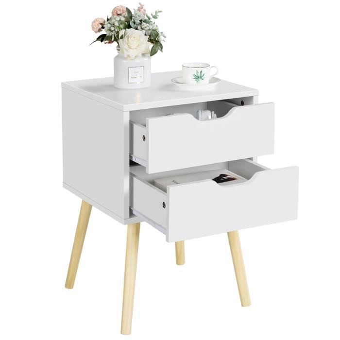 Yaheetech Table de Chevet avec 2 Tiroirs Table de Nuit Scandinave Pieds en Bois 40x40x61cm Table d'appoint Blanche