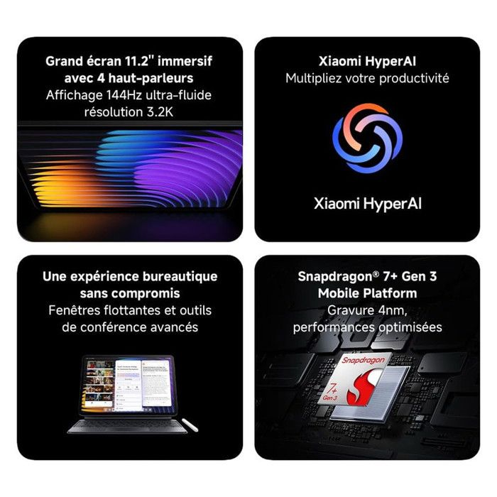 Tablette Xiaomi Pad 7 - Écran 11.2" 3.2K 144 Hz, Snapdragon 7+ Gen 3, 8 Go RAM + 256 Go, Batterie 8850 MAh, Charge Rapide 45 W