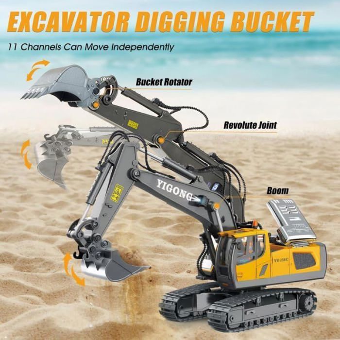 Excavatrice RC 6 Canaux – Jouet De Chantier Avec Godet Métal, 270° Rotation – Cadeau Pour Enfant 6 Ans