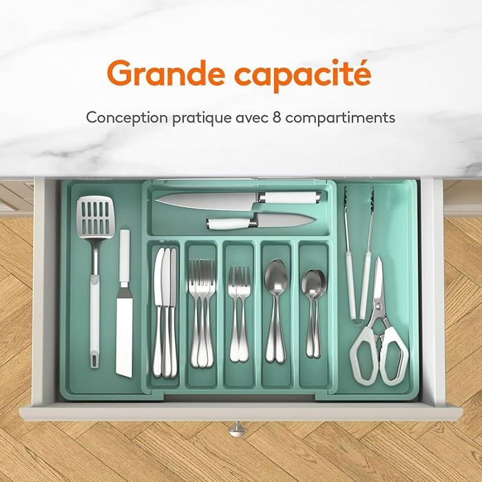 Organisateur De Tiroir Extensible Pour Couverts – Plateau Réglable Noir Grande Capacité 7 Compartiments + Extensions Pour Ustensiles De Cuisine