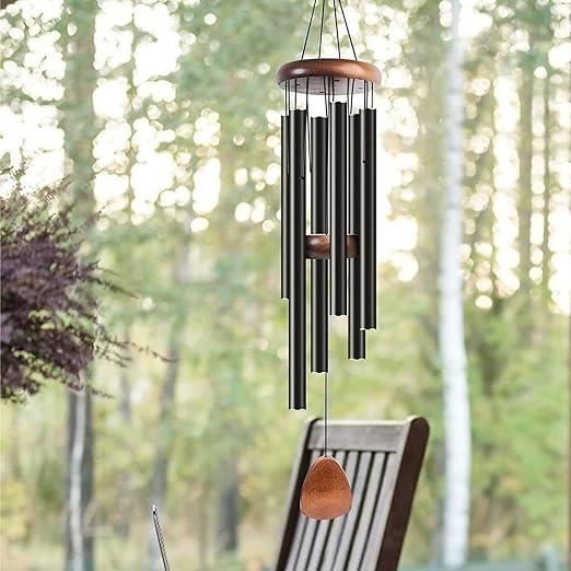 Carillon à Vent Métal 4 Tubes Avec Pierre Sodalite - 30 Cm, Bois Frêne Noir | Fait Main, Décoration Extérieure Ou Intérieure