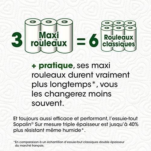 Sopalin Maxi Rouleaux Décoré – x3 Maxi Rouleaux = 6 rouleaux classiques –  Triple épaisseur – Demi-feuilles – Emballage 80% plastique recyclé – Papier
