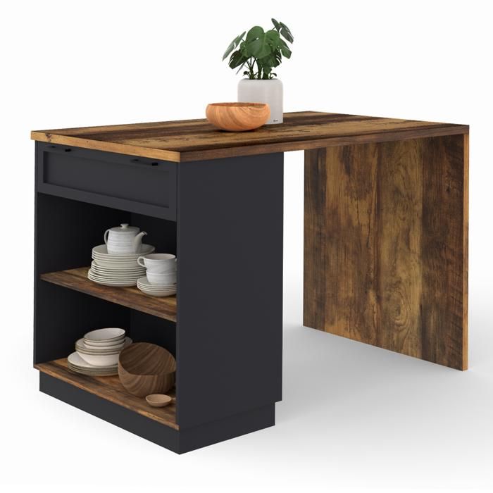 Îlot Central Mange-debout VITO 130cm - Blanc Et Effet Béton - Avec Tiroir Et étagères - Pour Cuisine