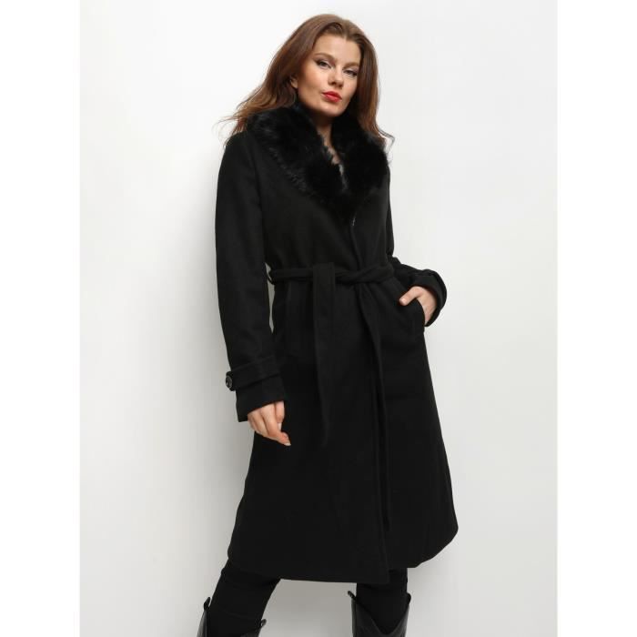 Manteau Femme Marque Ceinturé à col fourré Noir Noir