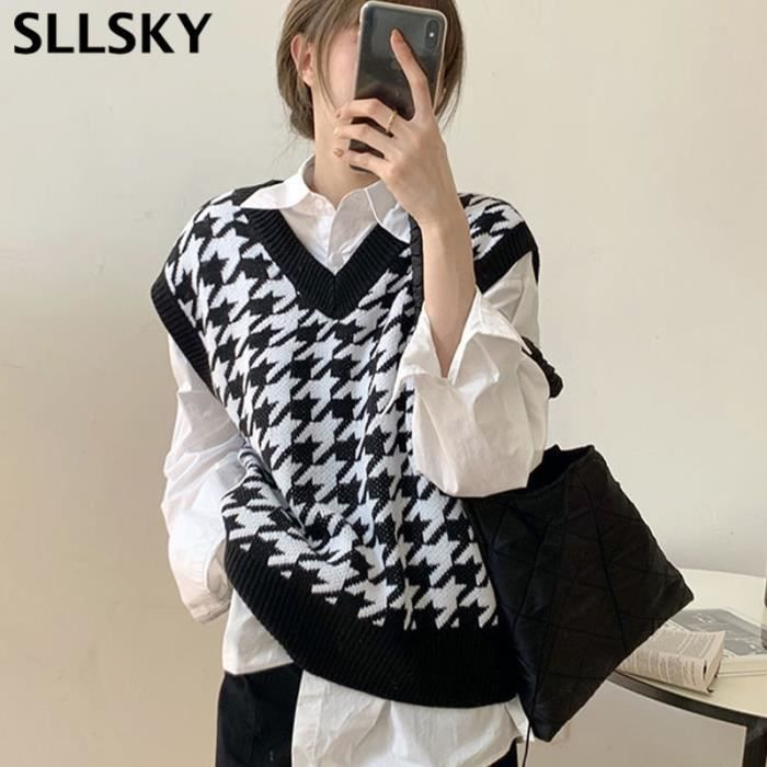 Gilet pull a carreaux pour femme Sllsky Modele MWOUT20345 Col V Style college Blanc Cdiscount Pret a Porter