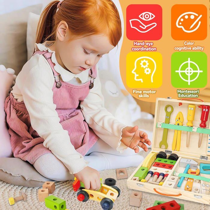 Créa Tools Montessori DINORUN Boîte à Outils Enfant 47 Pièces