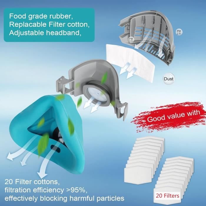 Masque de protection avec 20 filtres, respirateur avec filtres remplaçables pour peinture