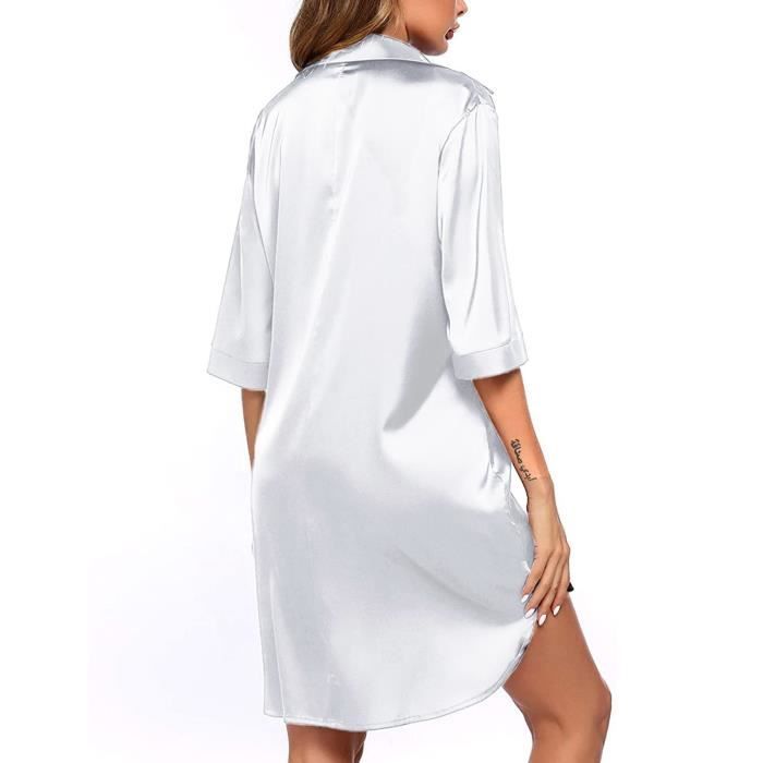 Chemise de Nuit Femme 3 4 Manche Courte Chemise de Nuit Satin Col en V Robe de Nuit Bouton Ouvert Devant Vetements de Nuit blanc Cdiscount Pret a Porter