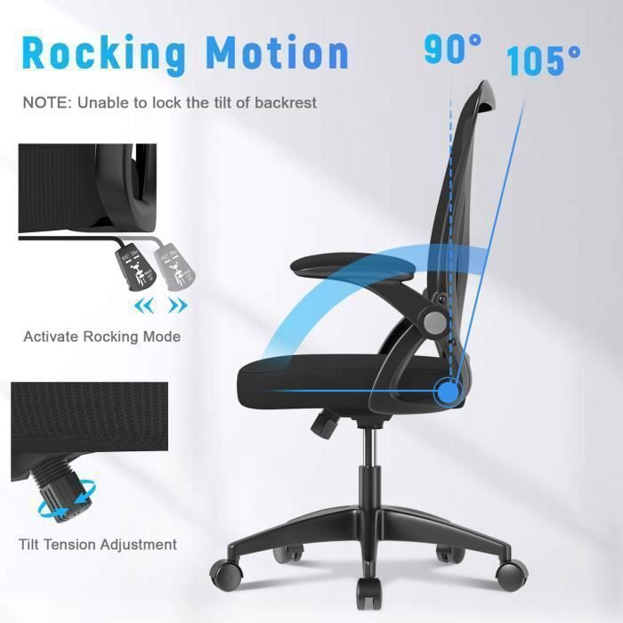 Chaise De Bureau Ergonomique En Maille Avec Accoudoirs Rabattables À 90°,Chaise D'Ordinateur