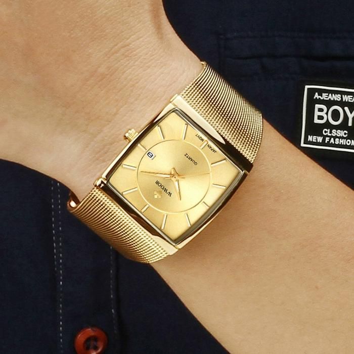 Montre Homme Vintage MM Japon Années 80, Boîtier Or Et Bracelet Cuir Noir – Mouvement Quartz Avec Trotteuse Centrale