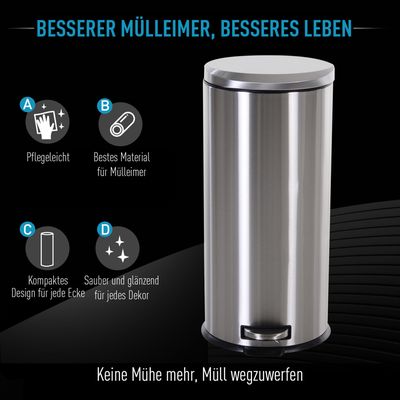 HOMCOM Poubelle 20L à pédale avec couvercle Softclose, Seau intérieur amovible Argent, 34,2 x 30,6 x 44,2 cm | France