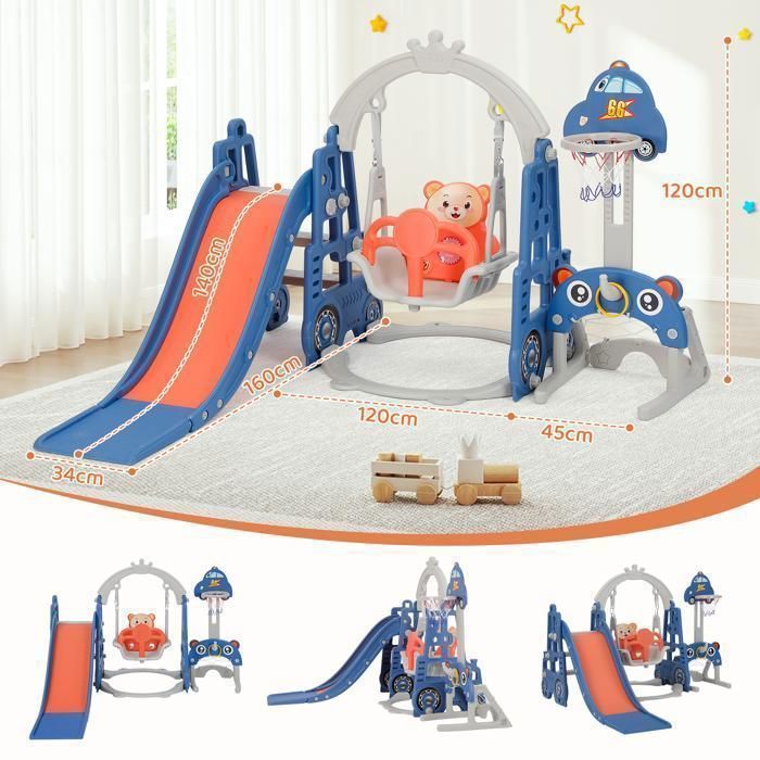 Toboggan Pour Enfants, 5 En 1, Avec Panier De Basket Et Structure D Telescopique Gris 70 X 177 X 92 Cm 74642376