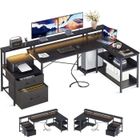 Bureau en L Coleshome avec Rangement, 189.3x100cm, Bureau d'Angle Réversible avec LED, Prise USB/Courant pour Domicile, Noir
