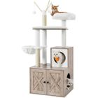 FEANDREA Arbre à Chat avec Litière, Griffoir Moderne 2-en-1, Cache-litière, Grège