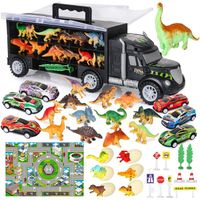 Camion Transporteur de Voitures avec Oeuf et Figurine Dinosaure, Tapis de Jeu, Mini Voiture de Course, Panneaux pour Enfants 37PCS