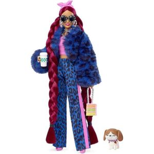 POUPÉE poupée mannequin extra n° 17 avec pantalon et veste en fausse fourrure à imprimé léopard, très longs cheveux, figurine chiot et acce