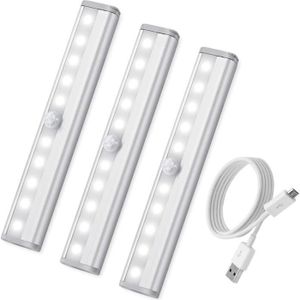 LAMPE A POSER 3PCS Lampe Détecteur de Mouvement, USB Rechargeable Veilleuse LED pour Cabinet Penderie Cuisine Placard Entrée Couloir  (Blanc)