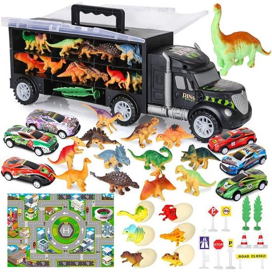 Jouet de camion dinosaure, voiture squelette, avec sons et lumières, 6 figurines, 4 mini voitures, tapis d'activité, œufs et arbres, kit de jeu pour Jouet de camion dinosaure, voiture squelette, avec sons et lumières, 6 figurines, 4 mini voitures, tapis d'activité, œufs et arbres, kit de jeu pour