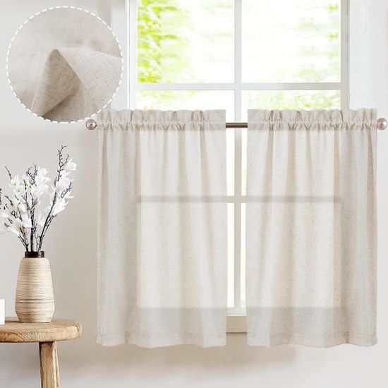 2 Rideaux Brise-bise En Lin – 115 X 65 Cm – Naturel – Pour Cuisine, Salle De Bain, Demi-fenêtre – Filtre Lumière