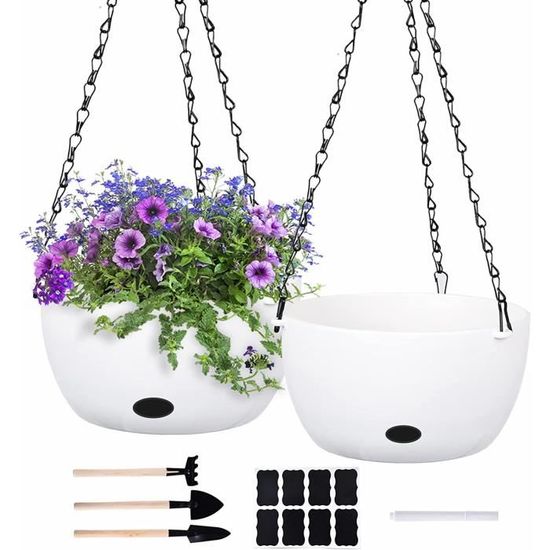 Exquilnova Lot de 3 pots de fleurs suspendus avec trous de drainage et soucoupes, support de plantes à suspendre pour extérieur et intérieur, panier